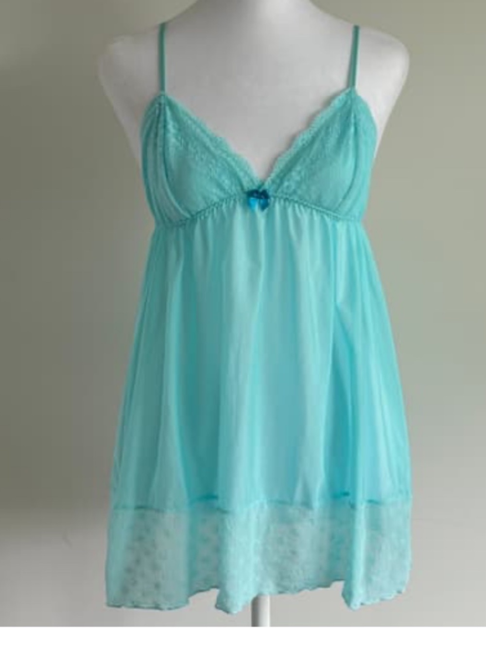 VTG Victoria's Secret Sheer Aqua Mint Lace Babydoll Chemise Lingerie